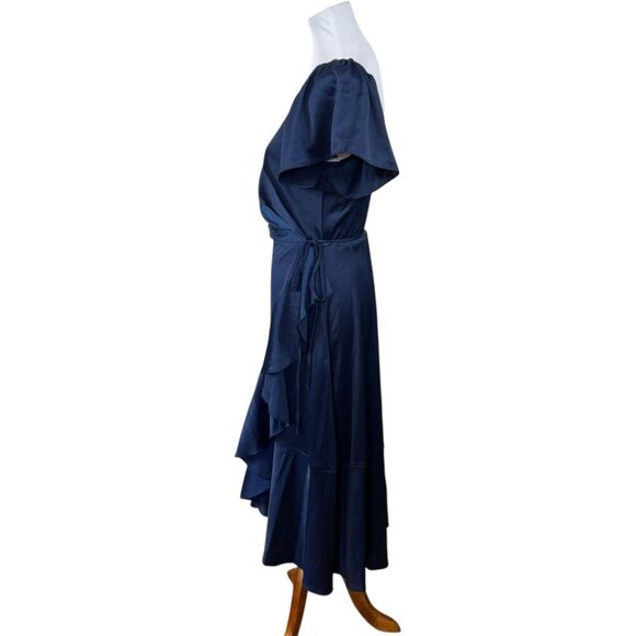 Lulus Women's Size M Medium Wrap Dress Dark Blue Short Sleeve Ruffle Night Out - Picture 3 of 10